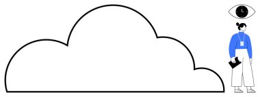 Aşırı büyük bulut şekli, klasörü tutan kadın, saati yukarıda olan göz veri depolama, koruma. Teknoloji, bulut hesaplama, üretkenlik, güvenlik, dijital yönetim gizliliği için ideal