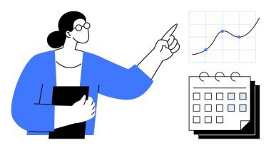 Bir klasörü tutarken, bir takvimin yanı sıra, çizelgedeki profesyonel ilerlemeyi analiz etmek. Veri görselleştirme, strateji, iş analizi, planlama, zaman yönetimi için ideal
