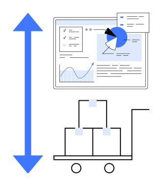 Grafikler, çizelgeler ve kutularla dolu depo arabalarının olduğu dijital gösterge paneli. Lojistik, veri analizi, envanter yönetimi, tedarik zinciri, iş operasyonları, büyüme için ideal