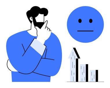 İlerlemeyi düşünen bir adam, bir çubuk grafik ve tarafsız bir yüz ile temsil ediliyor. Analiz, karar verme, değerlendirme, iş büyümesi, strateji, piyasa araştırması için ideal