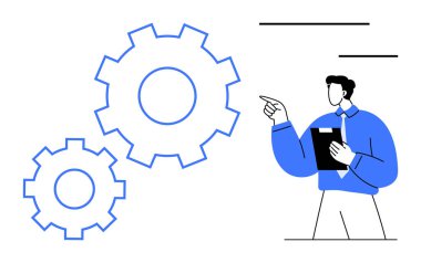 Adam pano tutuyor ve birbirine kenetlenmiş viteslere bakıyor. Sistem çalışma akışını, optimizasyonu ya da planlamayı temsil ediyor. Takım çalışması, strateji, süreç, yenilik geliştirme otomasyonu için ideal. Düz