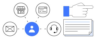 Depolama, e- posta, tarayıcı ve kulaklık görüntülerine bağlı merkezi kullanıcı simgesi, işaret eden bir el ve dosya kartıyla birlikte. Müşteri desteği, iletişim, çok kanallı strateji, organizasyon için ideal