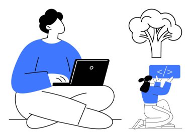 Bir başkası kodlama paneli tutarken, bir kişi dizüstü bilgisayar kullanıyor. Ağaç sürdürülebilirliği temsil ediyor Takım çalışması, kodlama, öğrenme, teknoloji, çevre dostu kavramlar, yenilik, basit iniş sayfası için ideal