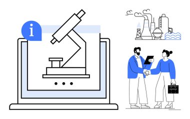 Dizüstü bilgisayarda mikroskop, profesyoneller arasında el sıkışma, endüstriyel fabrika manzarası. Araştırma, teknoloji, endüstri, yenilik, bilimsel işbirliği ekip çalışması için ideal. Basit.