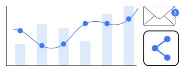 İleti bildirim ve paylaşım simgesi ile çizgi grafik ve bar tablosu büyümeyi izliyor. Ticari büyüme, veri eğilimleri, analitik, iletişim, işbirliği, ağ oluşturma ve basit iniş için ideal