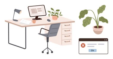 Bilgisayar monitörü, masa lambası, dokümanlar, kahve fincanı, dekoratif bitkiler ve hata uyarısı olan düzenli çalışma alanı. Üretkenlik, işyeri, teknolojik hata işleme organizasyonu için ideal