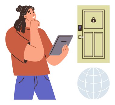 Tabletli bir kadın, kilitli kapının yanında akıllı kilitle güvenlik ve teknoloji gösteriyor. Yenilik için ideal, teknoloji, siber güvenlik, problem çözme, karar verme, akıllı kilitler