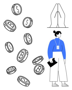 Elinde dosya olan kadın Bitcoin paraları ve dua eden ellerin yanında duruyor. Kripto para, yatırım, finans, teknoloji, umut, iş stratejisi, minimalizm için idealdir. Basit düz metafor