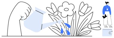 Büyük el suları sulama kutusuyla çiçek açan, bitkilerin üzerine düşen damlalar. İnsan büyümeyi uzaktan izler. Bakım, gelişme, doğa, yetiştirme, rehberlik, sürdürülebilirlik büyümesi için ideal