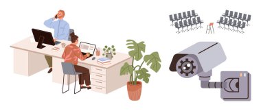 Masalarda bilgisayarlarla çalışan iki kişi, yere bitki döşeme, sıralı sandalyeler ve merkez tabure, güvenlik kamerası. İş yeri, işbirliği, verimlilik, teknoloji ve konferans güvenliği için ideal