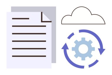 Çalışma akışını, bulut senkronizasyonunu, veri depolama verimliliğini vurgulayan oklarla çevrili metin satırları, bulut ve teçhizat. Teknoloji, verimlilik, dosya paylaşım otomasyonu için ideal