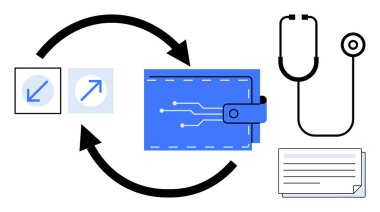 Stetoskop, dijital cüzdan, yön okları ve sağlık ödemelerini, kayıtları ve teknolojiyi temsil eden belgeler. Sağlık, fintech, tıbbi yenilik veri akışı sigortası için ideal