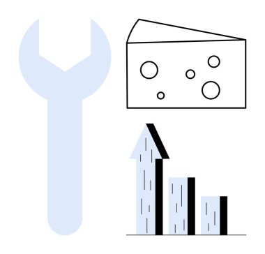 İngiliz anahtarı, peynir bloğu ve bar tablosu büyümeyi, aletleri ve yeniliği gösteriyor. Endüstri, tarım, iş stratejisi, iyileştirme iyileştirmesi için ideal basit iniş sayfası