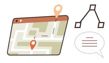 Ekranda iki konum pimi, noktalı rota, düğümlerle diyagram ve planlama, işbirliği veya analiz için konuşma baloncuğu olan harita. Navigasyon, iletişim ve veri ekip çalışması için ideal