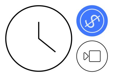Saati simgeleyen saat yüzü, finans için mavi dolar simgesi ve medyayı aydınlatan video simgesi. Üretkenlik, zamanlama, finans, multimedya, iş akışı, süreler için ideal basit düz metafor