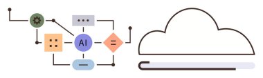 Bir buluta bağlı birbirine bağlı geometrik şekillerle yapay zeka diyagramı, veri akışını, otomasyonu ve teknolojiyi sembolize eder. Makine öğrenme, bulut hesaplama, yenilik, bağlantı, sistemler için ideal