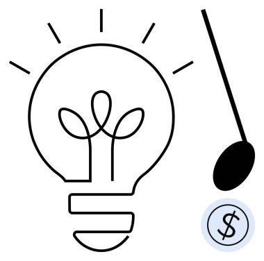 Filizlenen bitkilerin olduğu ampul yenilik ve büyümeyi simgeler. Sikkeye doğru sallanan sarkaç karar verme ve mali dengeyi ön plana çıkarıyor. Yenilik, enerji ve finans için ideal