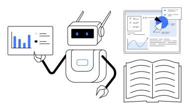 Çizelgeye işaret eden robot, çizelgelerle etkileşimli gösterge paneli, açık kitap. Yapay zeka, veri bilimi, eğitim, teknoloji, araştırma, otomasyon dijital araçları için ideal basit iniş sayfası