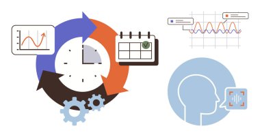 Saatin etrafında dairesel oklar, bar grafiği, takvim, vites, insan profili üzerinde dalga biçimi. İş akışı, veri yönetimi, verimlilik, analitik zaman izleme verimliliği için ideal