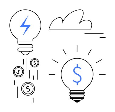 Ampuller enerji ve karı sembolize eder, biri madeni para yayar, diğeri iş büyümesini ön plana çıkarır. Yenilik, finans, yaratıcılık, enerji, girişimcilik, teknoloji sade iniş için ideal