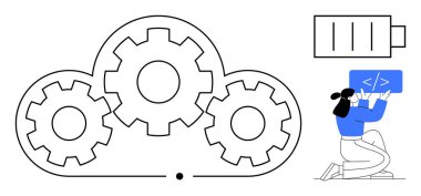Birbirine bağlı dişli bulut yapısı, enerjiyi sembolize eden pil ikonu ve kodlama üzerinde çalışan insan. Bulut teknolojisi, veri yönetimi, enerji optimizasyonu ve yazılım geliştirme için ideal