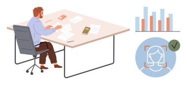 Masa başında çalışan bir adam kağıtları inceliyor, veri analizi için çubuk grafiği, doğrulama işaretli yüz tanımlaması. İş için ideal, veri analizi, kimlik güvenliği, üretkenlik, işyeri