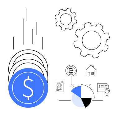 Hareket halindeki madeni paralar, engelleme zinciri bağlantılar, pasta grafiği, yeniliği, sistem entegrasyonunu ve takım çalışmasını sembolize eden vitesler. Fintech, kripto para birimi, maliyet analizi veri akışı yönetimi için ideal