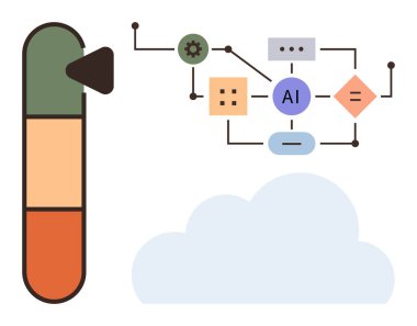 Yapay zeka ve bulut entegrasyonu ile çalışma, süreç şeması, bağlantı düğümleri ve ilerleme çubuğu. Yenilik, teknoloji, verimlilik, optimizasyon, veri otomasyonu için ideal basit düz