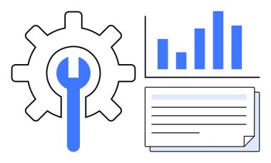 Anahtar, alet ve işlemleri sembolize eder. Analiz için bar çizelgesi, planlama için belge. İş, analitik, yönetim, strateji, iş akışı, yenilik için ideal düz metafor