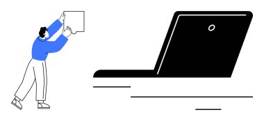Adamın biri büyük bir dizüstü bilgisayarın yanına dosya kaldırıp yerleştiriyor, organizasyon ve teknoloji sergiliyor. Dijital iş, bulut depolama, üretkenlik, iş akışı, takım çalışması, iş veri yönetimi için ideal. Basit.