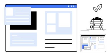 Katmanlı arayüz elementlerine sahip web sitesi şablonu, istiflenmiş paraların üzerindeki filizlenme metaforu ve küçük bir ekran önizlemesi. Web geliştirme, finansal büyüme, UI tasarımı, yenilik için ideal