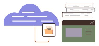 Dosya klasörüne, kitap yığınına ve uygulama penceresine bağlı bir bulut. Eğitim, dosya yönetimi, dijital öğrenme, bulut hesaplama, organizasyon, araştırma için ideal düz metafor