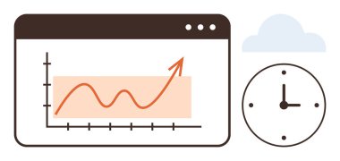 Web sitesi penceresinde yükselen trend çizelgesi, zaman kavramını gösteren saat ve bulut. Analiz, ilerleme, tahmin, üretkenlik, zaman yönetimi, büyüme planlama için ideal basit düz metafor