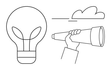 Teleskopu tutan el ufka doğru bakıyor. Fikirleri sembolize eden büyük bir ampulün yanında. Yaratıcılık, vizyon, yenilik, keşif, keşif, planlama, strateji için idealdir. Basit düz