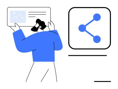 Soyut özelliklere sahip bir adam içerik kartını resim ve metinle tutuyor. Onun yanında sembol paylaşmak. Dijital iletişim, takım çalışması, sunum, eğitim, işbirliği, ağ kurmak için ideal
