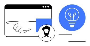 Parlayan bir ampulü işaret eden düz bir vektör. Web tarayıcı çerçeve ve profil avatarını içerir. Yaratıcılık, takım çalışması, problem çözme, yenilik, işbirliği, fikirler, basit