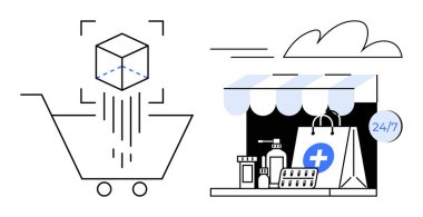 İlaç, ilaç ve sağlık malzemeleri satan bir eczanenin yanında dijital ürün seçimi yapan bir alışveriş arabası. E-ticaret, sağlık, dağıtım hizmeti, çevrimiçi perakende, eczane için ideal