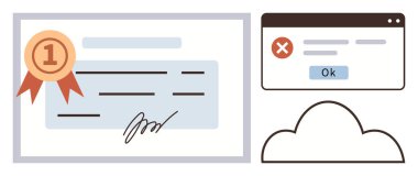 İmza ve rozetli ödül sertifikası, hata mesajı, ve bulut simgesi. Tanınma, başarı, kimlik doğrulama, veri depolama, bulut hizmetleri, hata işleme iletişimi için ideal