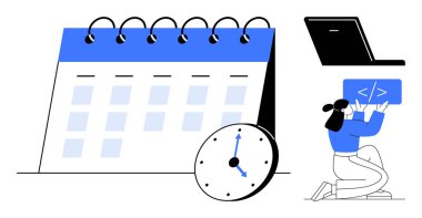 Kadın kodlayıcı, spiral takvim, saat ve dizüstü bilgisayarın yakınındaki bir tablette kod teftişi yapıyor. Zaman yönetimi, verimlilik, kodlama, programlama, teknoloji, iş-yaşam dengesi için ideal