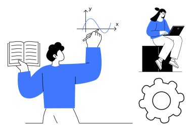 Kitap okuyan ve grafiği analiz eden kişi, dizüstü bilgisayar kullanan kadın, problem çözmeyi sembolize eden dişli. Eğitim, veri analizi, teknoloji, takım çalışması, araştırma, yenilikçi düşünce için ideal