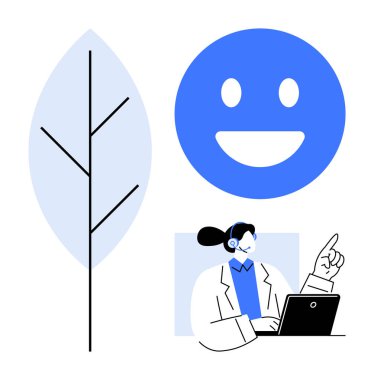 Müşteri hizmetleri acentesi dizüstü bilgisayar kullanırken mavi mutlu bir yüz ve stilize bir yaprak ile hareket eder. Müşteri desteği, çevre bilinci, olumlu geri bildirim, teknoloji, iletişim için ideal