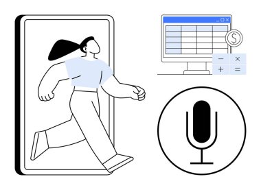Akıllı telefondan çıkan kişi, ses girdisi için mikrofon simgesi, mali değeri olan hesap tablosu. Teknoloji, finans, yenilik, veri yönetimi, hareketlilik, iletişim için ideal