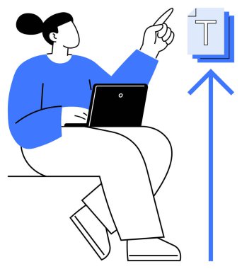 Dizüstü bilgisayarlı bir kadın, yüklenen dosyalara bakıyor, belge paylaşımını ve dijital işbirliğini vurguluyor. Üretkenlik, takım çalışması, yaratıcılık, uzak çalışma, eğitim, dijital araçlar için ideal