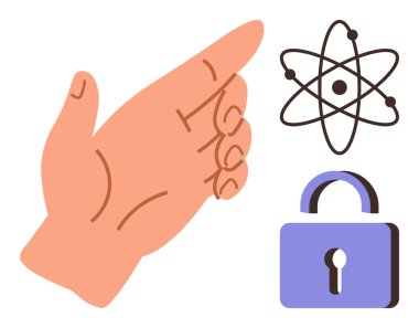 Atomik yapı ve asma kilit dışında el hareketi bilimi, güvenliği, bağlantıyı, erişimi, yeniliği, mahremiyeti, kontrolü sembolize eder. Eğitim, teknoloji güvenliği ve basit düz metafor için ideal
