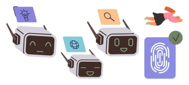 Robotlar fikir üretimi, çevrimiçi arama ve parmak izi doğrulaması için simgelerle etkileşim halindeler. Yukarı doğru uçan kadın yaratıcılığı öneriyor. Yapay zeka, yenilik, teknoloji, güvenlik, otomasyon için ideal