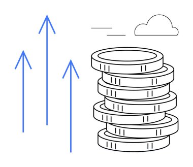 Yükselen üç okun yanında para yığını ve finansal büyüme, başarı ve ilerlemeyi gösteren bir bulut. İş, ekonomi, yatırım, tasarruf ve kar amaçlı servet bütçesi için idealdir. Temiz daire