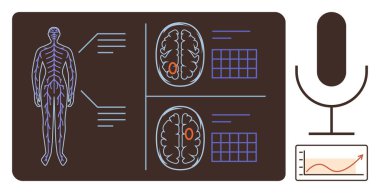 Sinir sistemi olan insan silueti, beyin taraması verileri, ses mikrofonu ve ses dalgası şeması. Nöroloji, tanı, sağlık hizmetleri, yapay zeka entegrasyonu, tıbbi araştırma eğitimi için idealdir.
