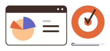 Turta çizelgesi ve ön panel arayüzü, üzerinde işaret olan bir hedefin yanında. İş, analiz, ilerleme, başarı, hedefler, strateji, basitlik için idealdir. Minimalist düz metafor