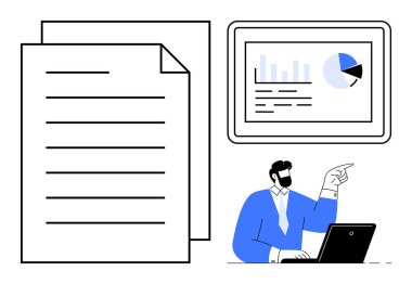 Takım elbiseli bir adam ekrandaki grafiği analiz ediyor, dizüstü bilgisayarla otururken veri gösterimine bakıyor. Belgeler de dahil. İş, sunum, planlama, istatistik, analiz için ideal