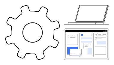 Dizüstü bilgisayar ve tarayıcı UI panelinin yanındaki büyük teçhizat ayarları gösteriyor. Teknoloji, yapılandırma, sistem kurulumu, iş akışı optimizasyonu, geliştirme, web sitesi araçları, basit düz metafor